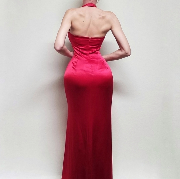 Vintage 90s ABS Evening Red Charmeuse Satin Halter Plunging Neckline Maxi Dress - Picture 3 of 15